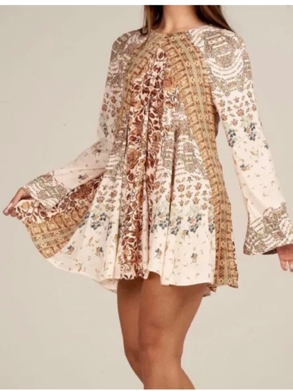 Free People Stevie Printed Long Sleeve Tunic Dress in Tea Combo